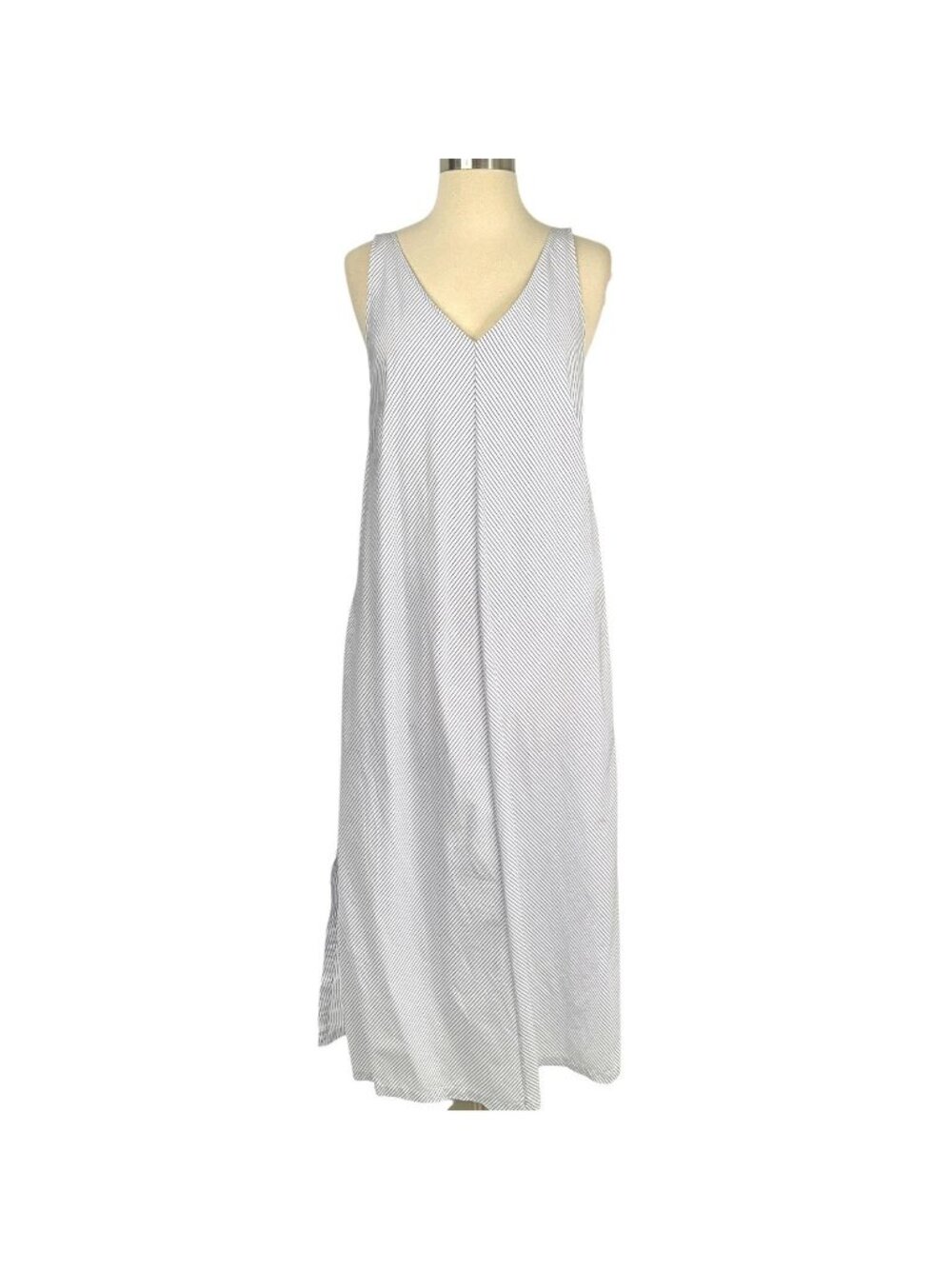 Aline Dress Womens Medium White Striped Sleeveless V Neck Maxi Pockets Lined